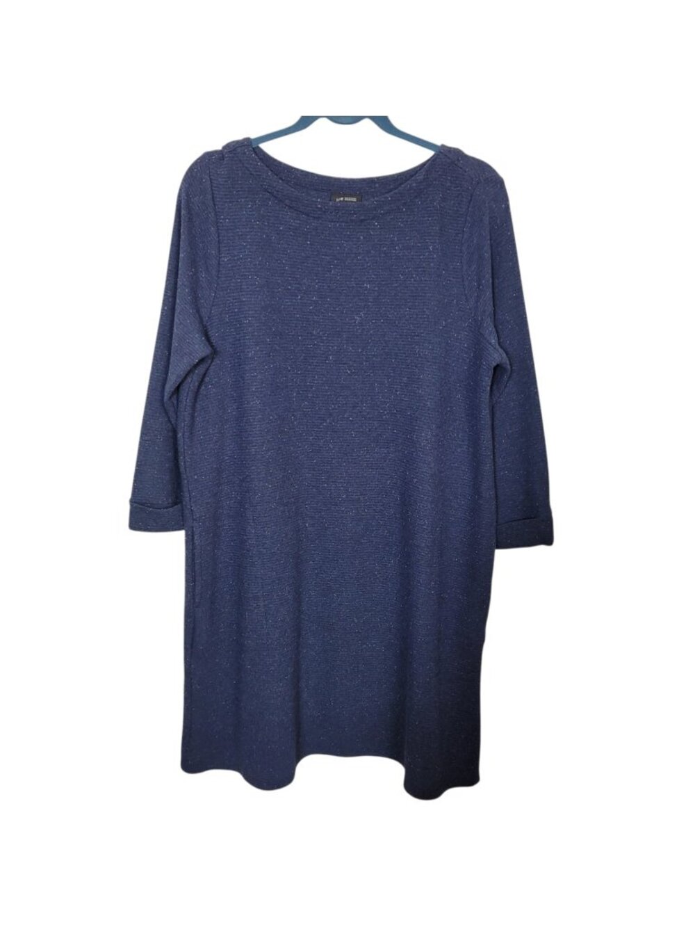 J. Jill Navy Blue Flecked Ribbed Knit Shift Dress Pockets Boat Neck Large Petite